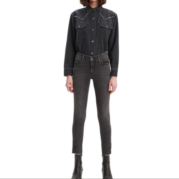 LEVI’S 711 Skinny Ankle Black -Washed Floral Embroidery Raw Hem Jeans - Picture 2 of 15